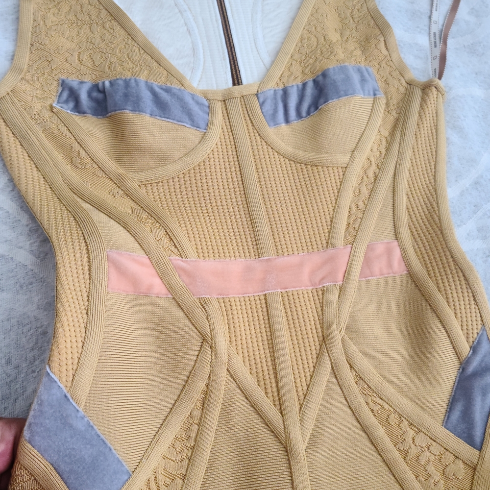 Herve Leger Yellow Mini Dress with Lavender and Blush Accents - Picture 5 of 10